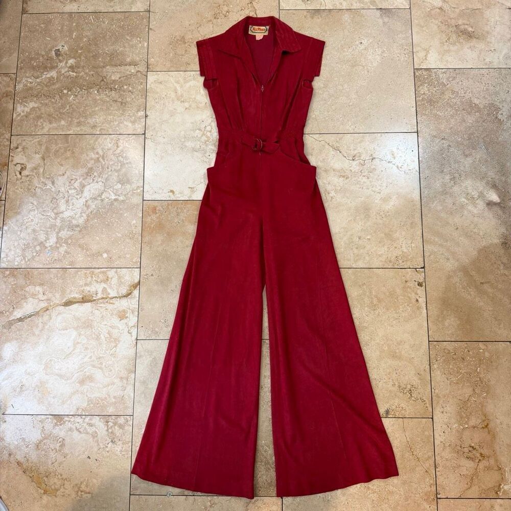 Vintage 70s Nu Phase Red Wide Leg Jumpsuit Talon Zip Up Belted Disco Mod Sz XS S